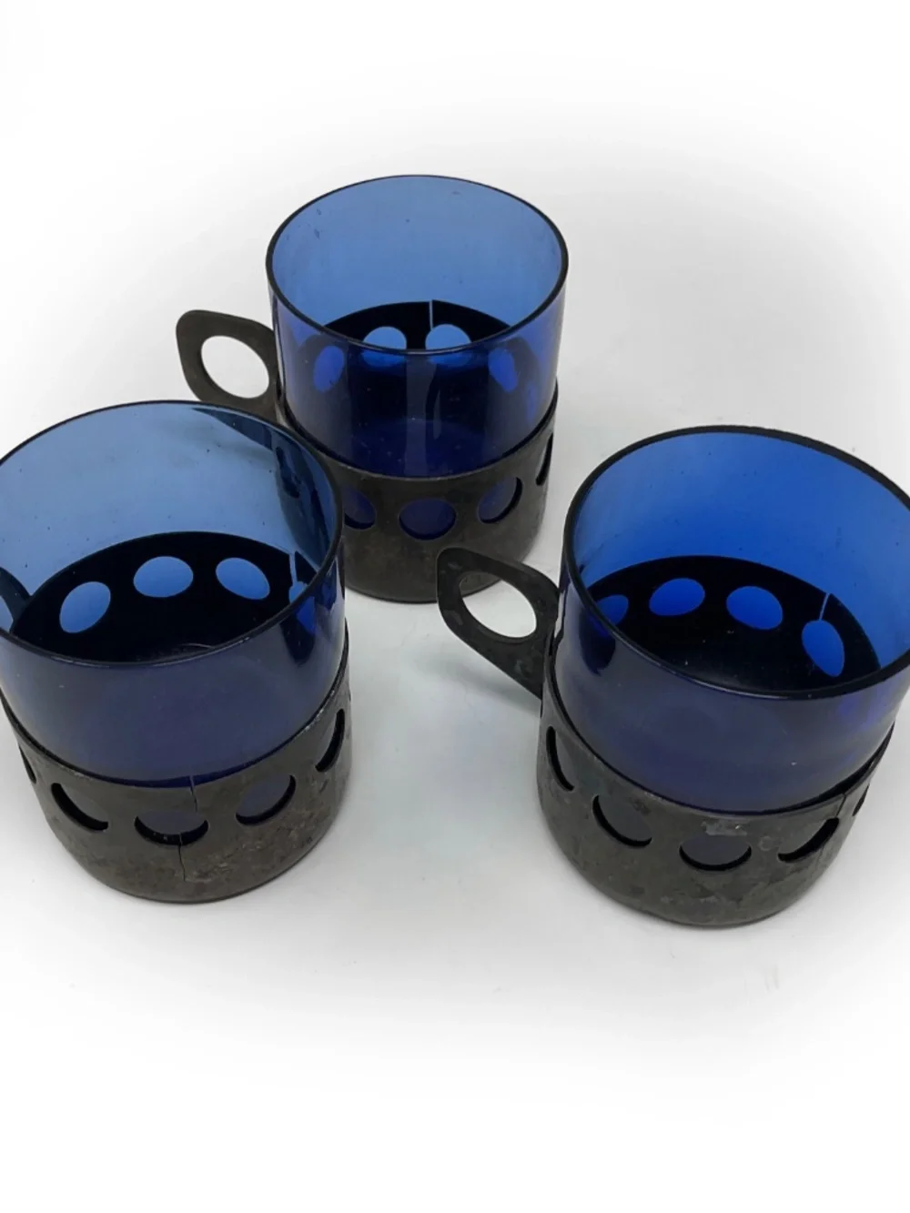 Rare set of 3 vintage mid-century modern cobalt blue glass mugs in metal cages